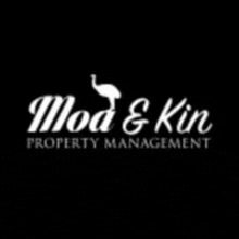 a black and white logo for mod & kin property management with an ostrich on it .