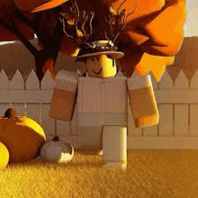 a roblox character wearing a hat is standing in front of a tree with pumpkins .