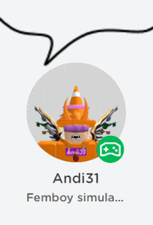 a picture of a person with a cone on their head says andi31 femboy simula