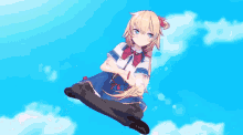 a blonde anime girl is flying through the air