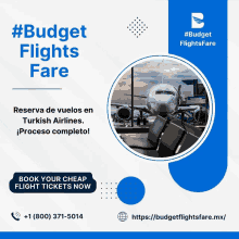 an advertisement for budget flights fare shows an airplane at the airport