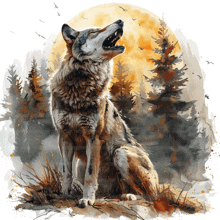 a painting of a wolf sitting in front of a full moon