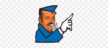 a cartoon drawing of a man with a whistle in his mouth pointing