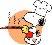 a cartoon of snoopy wearing a chef 's hat holding a tray of food