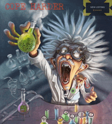 a cartoon of a mad scientist holding a beaker with the words cope harder written on it