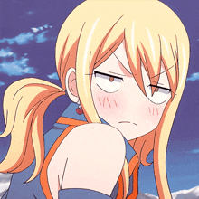 a blonde anime girl with a ponytail making a funny face