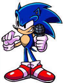 sonic the hedgehog is holding a microphone in his hands and pointing .