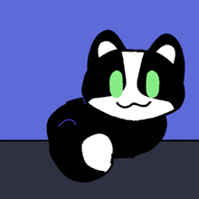 a black and white cat with green eyes laying down