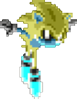 a pixel art drawing of a cartoon character with blue socks and a sword .