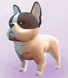 a 3d model of a black and white french bulldog standing on a purple surface .