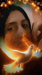 a woman is surrounded by flames and a dove