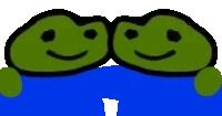 two green frogs with smiley faces on their faces are sitting next to each other on a blue background .