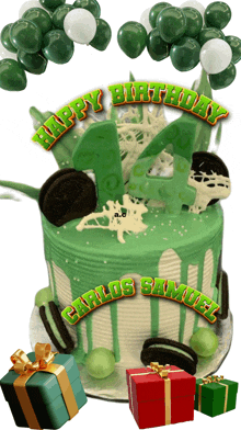 a green birthday cake for carlos samuel with gifts and balloons