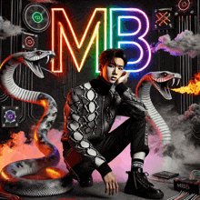 a man is kneeling in front of a neon sign that says mb on it