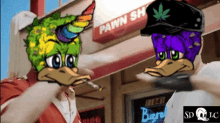 two cartoon ducks standing in front of a building that says pawn shop