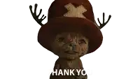 a stuffed animal wearing a hat with antlers and the words thank you below it