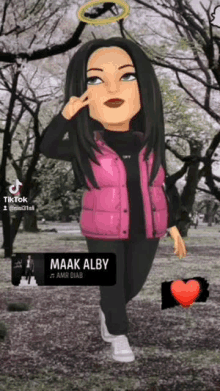 a cartoon girl in a pink vest is standing in front of trees .