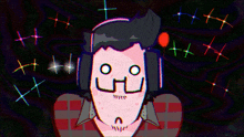 a drawing of a man wearing headphones with a smiley face on his face