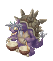 a purple monster with a turtle shell on its back is playing drums