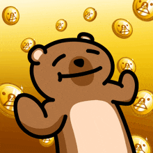 a cartoon of a bear surrounded by gold coins with a face on them