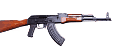 an assault rifle with a wooden barrel and a magazine on a white background