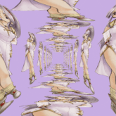 a purple background with a kaleidoscope of images of a woman in a white dress