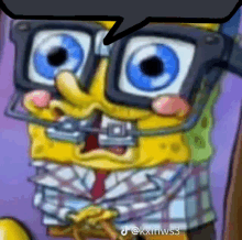 a cartoon of spongebob wearing glasses with a speech bubble above him