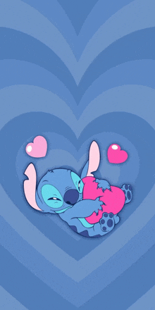 stitch is hugging a pink heart surrounded by pink hearts