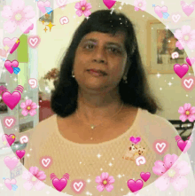 a woman in a white shirt is surrounded by pink hearts and pink flowers