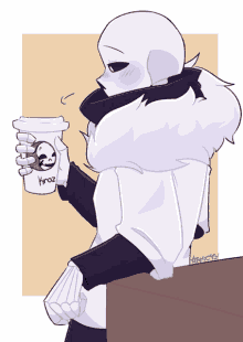 a drawing of a character holding a cup of kroz coffee