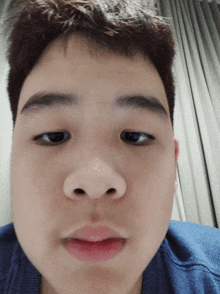 a close up of a young man 's face with a gray curtain in the background