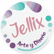 a logo for jellyx arte y diseno with purple and green circles