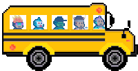 a pixel art illustration of a school bus with people riding on it