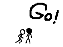 a stick figure is carrying a large rock and the word go is above it