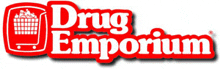 a red and white drug emporium logo with a shopping cart