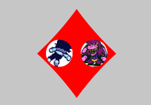 a red diamond with a picture of a monster and a picture of a girl