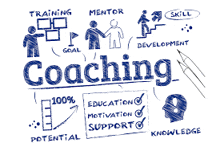 a drawing of people and the word coaching on a white board