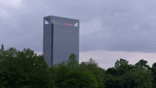 a very tall building with a rainbow colored roof is surrounded by trees