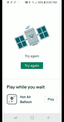 a phone screen shows a satellite and says try again