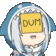 a pixel art drawing of a shark with a sticky note on his face that says dum .