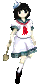 a pixel art of a girl in a sailor suit holding a sword and walking .