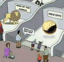 a cartoon of people looking at a lion and a king of crypto coin