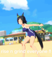 a girl with a horse on her back is standing on a sandy beach with the words rise n grind everyone written below her