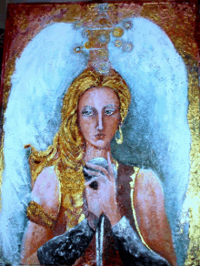 a painting of a woman with wings and a crown