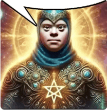 a woman with down syndrome is wearing a blue hijab and armor