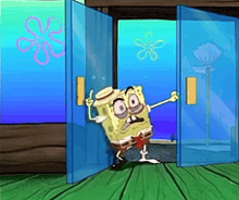 a cartoon character named spongebob is standing in front of a blue door .