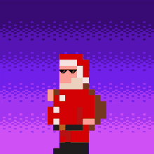 a pixel art of santa claus wearing sunglasses and carrying a bag of presents