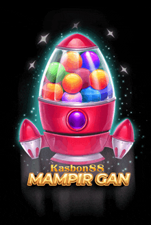 an illustration of a rocket filled with candy and the words kasbon88 ampir gan