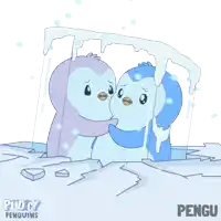 a cartoon of two penguins hugging each other with the word pengu on the bottom right