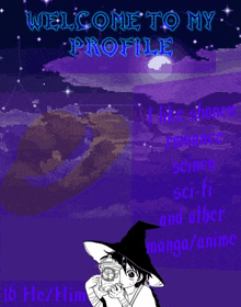 a poster that says welcome to my profile with a picture of a witch